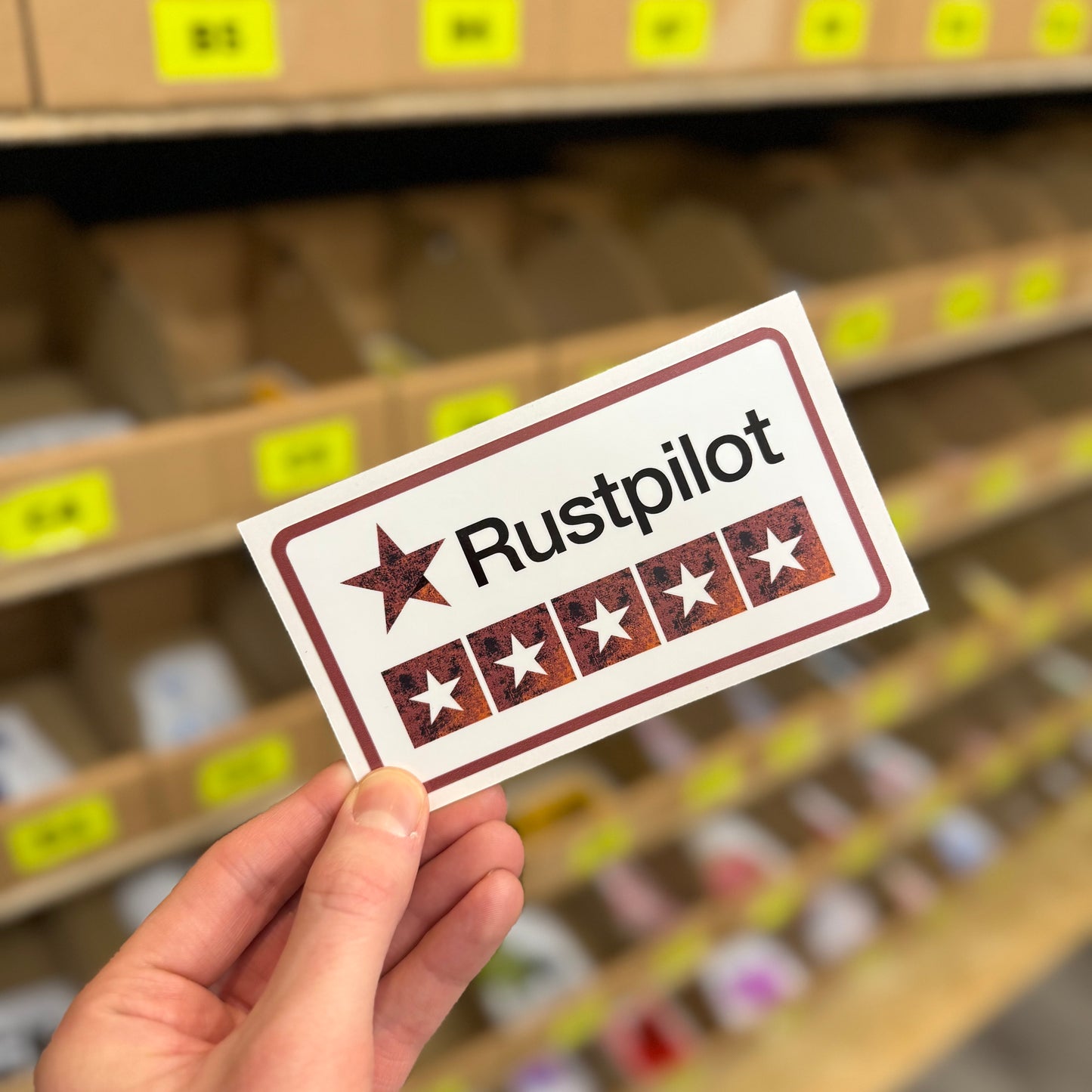 Rustpilot five-star parody vinyl car sticker with distressed red design