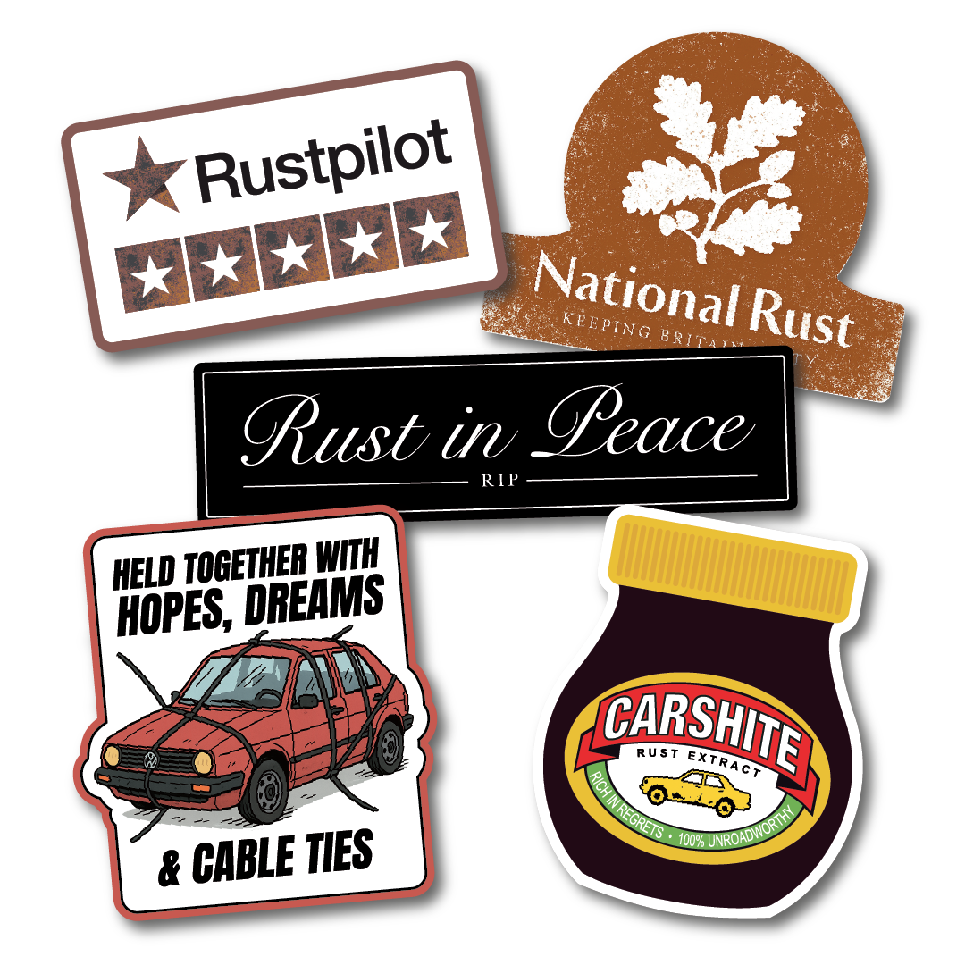 Funny rusty car sticker pack with 6 vinyl decals including “Rustpilot”, “Rust in Peace” and “Held Together with Hopes, Dreams & Cable Ties”.