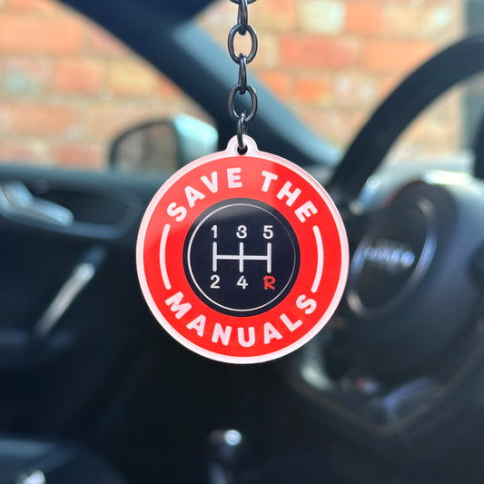 “Save the manuals” keychain with gear shift design, automotive enthusiast keyring for manual car lovers, durable acrylic accessory UK