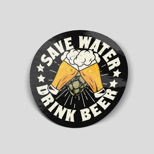 “Save Water Drink Beer” funny vinyl sticker featuring clinking beer glasses, novelty car sticker ideal for beer lovers and workshop humour.