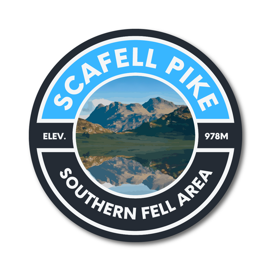 Round vinyl sticker with “Scafell Pike Southern Fell Area” text and mountain artwork showcasing Scafell Pike at 978m elevation.