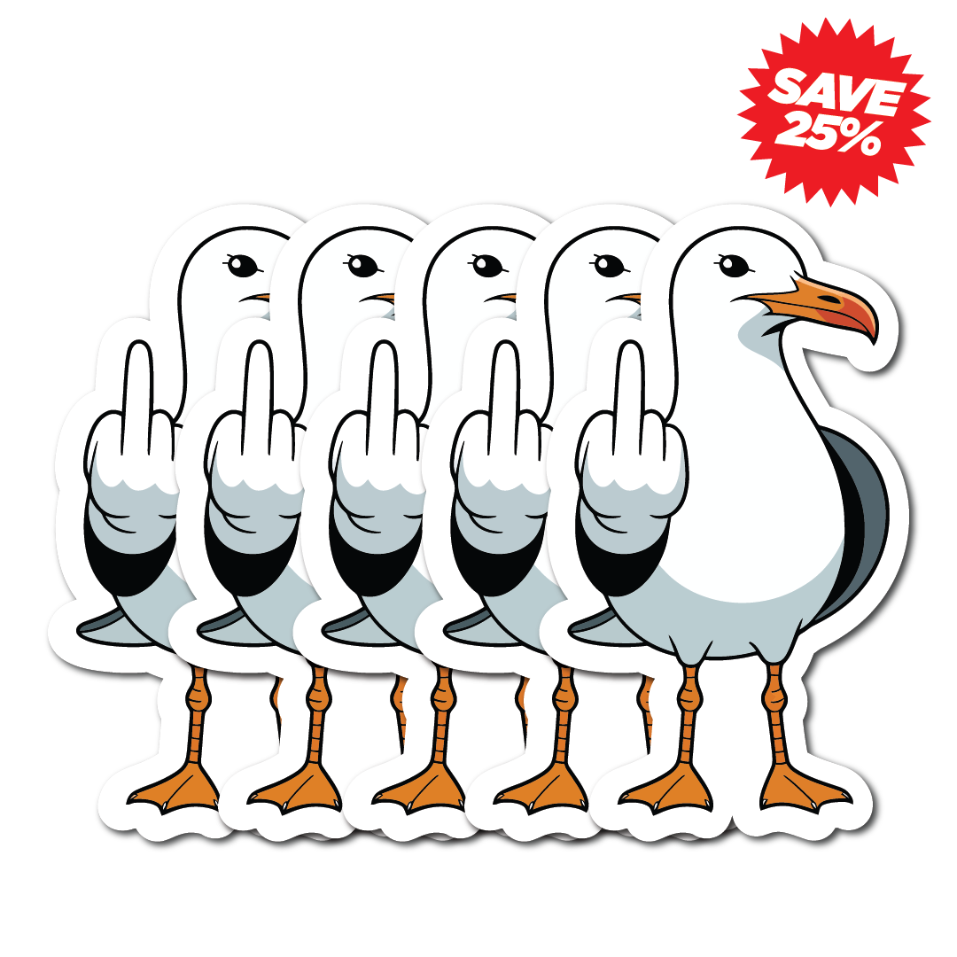 5 identical rude seagull stickers flipping the bird. Waterproof vinyl decals. Save 25% when you buy this cheeky multibuy pack.