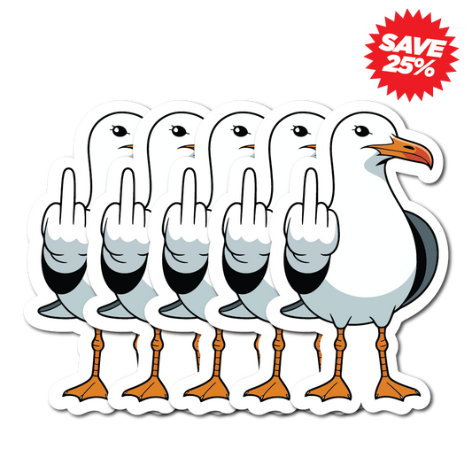 5 identical rude seagull stickers flipping the bird. Waterproof vinyl decals. Save 25% when you buy this cheeky multibuy pack.