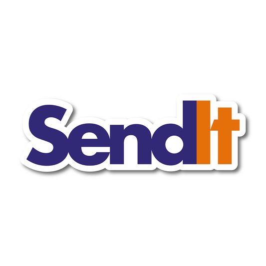 Funny vinyl sticker reading “Send It” in courier-style branding – great for cars, toolboxes or laptops.