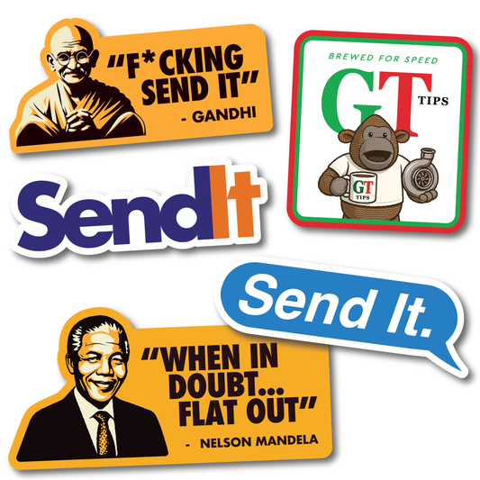 Funny Send It sticker pack with 6 vinyl decals, including Gandhi and Mandela parody quotes, GT Tips monkey turbo meme, and bold Send It designs.