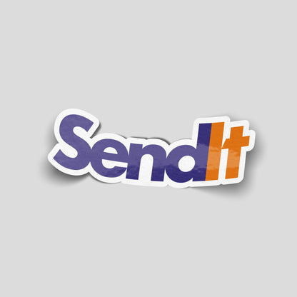Send it courier-style logo funny car sticker in purple and orange, UK car culture vinyl by Blum Decals
