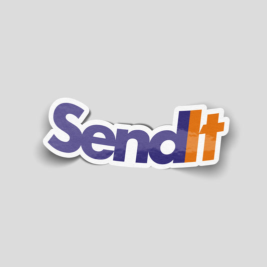 Send it courier-style logo funny car sticker in purple and orange, UK car culture vinyl by Blum Decals