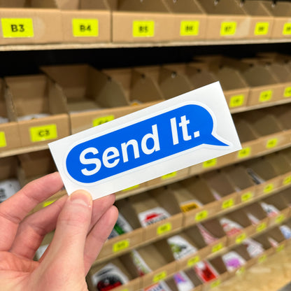 Blue “Send It” speech bubble style funny car vinyl sticker