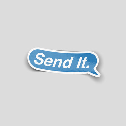 Send it speech bubble funny car sticker in blue, UK car culture vinyl sticker by Blum Decals