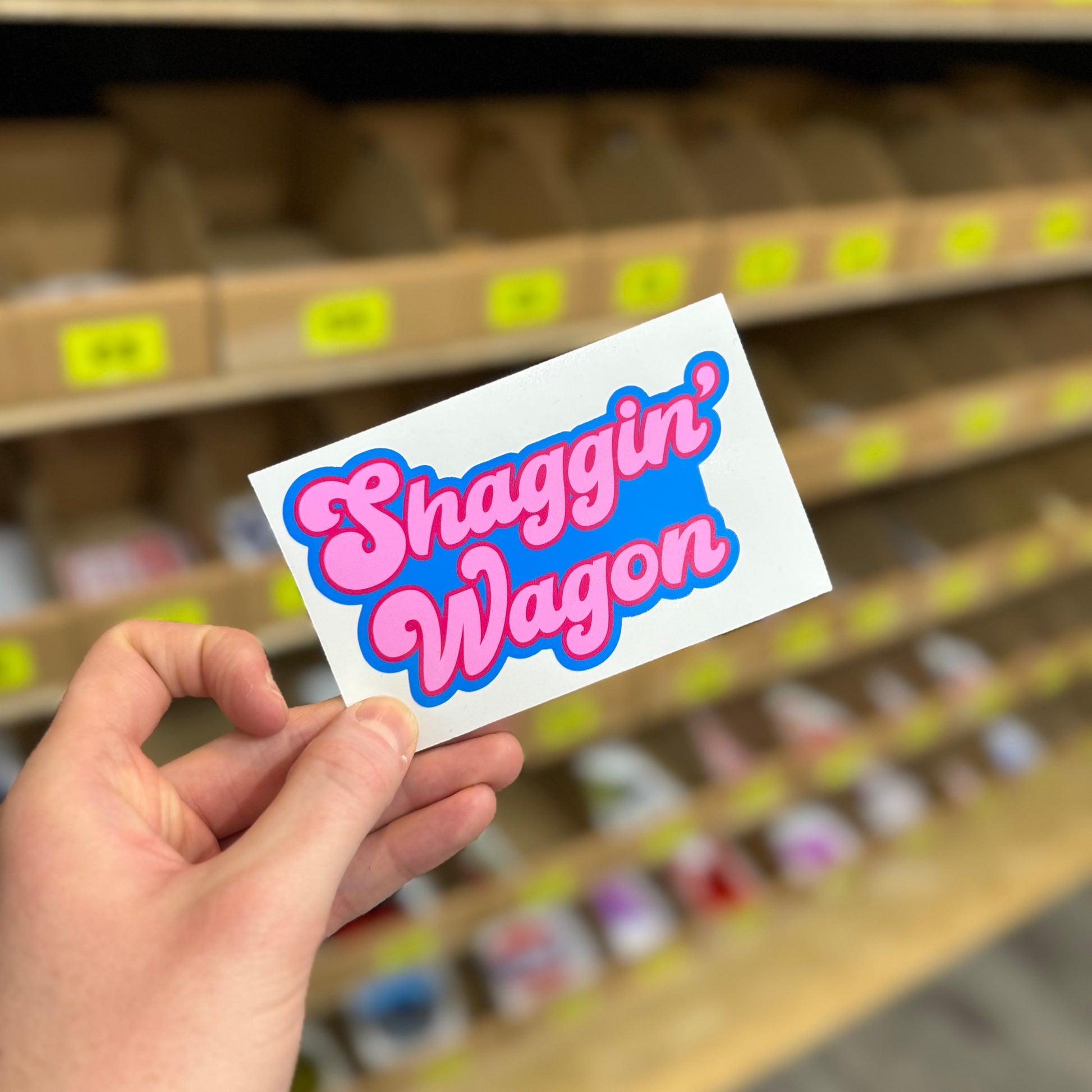 Pink and blue “Shaggin’ Wagon” retro style funny car sticker