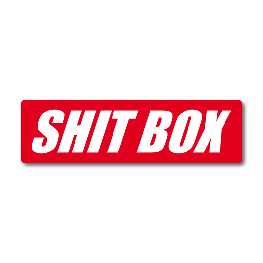 Bold red “Shit Box” vinyl sticker – funny decal for cars, toolboxes or beater builds.