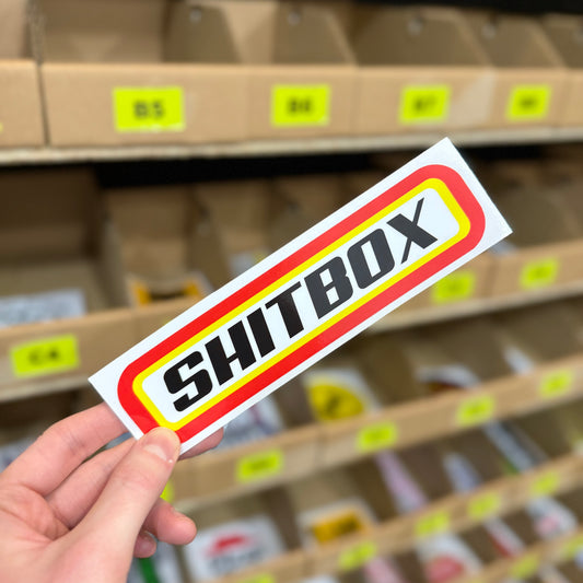 Shitbox Matchbox parody funny vinyl sticker with red yellow and black retro logo design