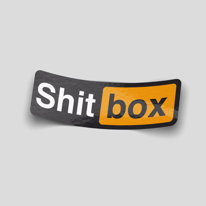 Shitbox parody logo funny car sticker in black and orange, UK car culture slap sticker by Blum Decals