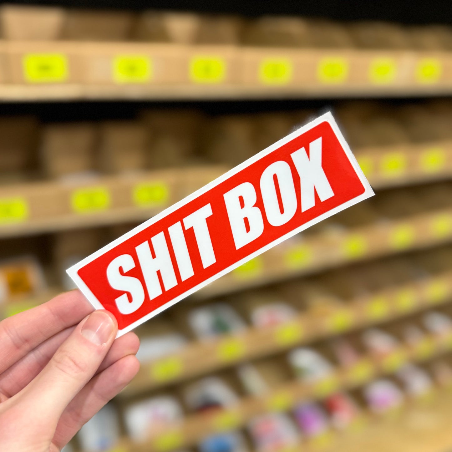 Shitbox streetwear parody funny vinyl sticker with red box logo style