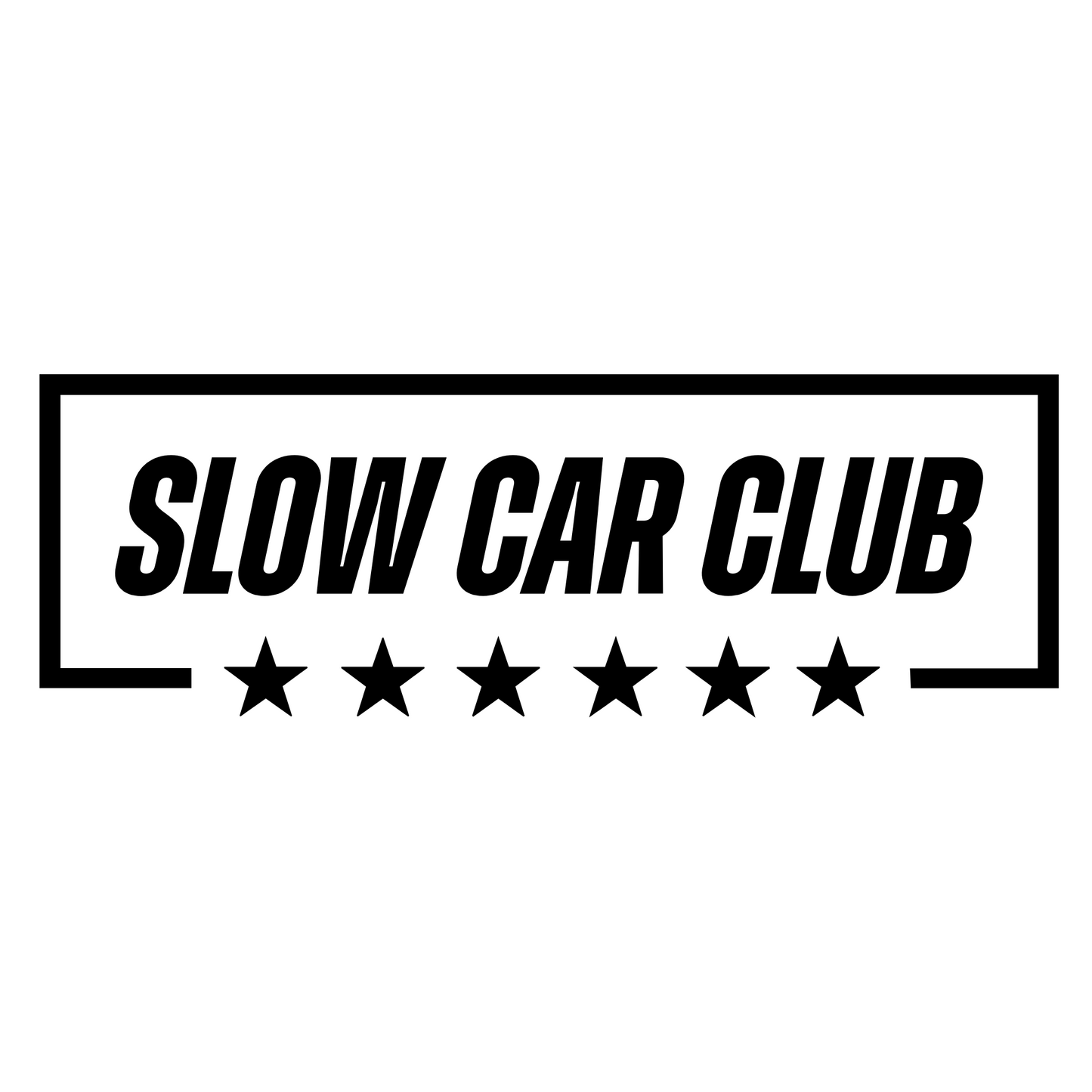 Car vinyl decal featuring the bold 'Slow Car Club' logo, designed for drivers who embrace the humour and camaraderie of not having the fastest car. Perfect for car enthusiasts