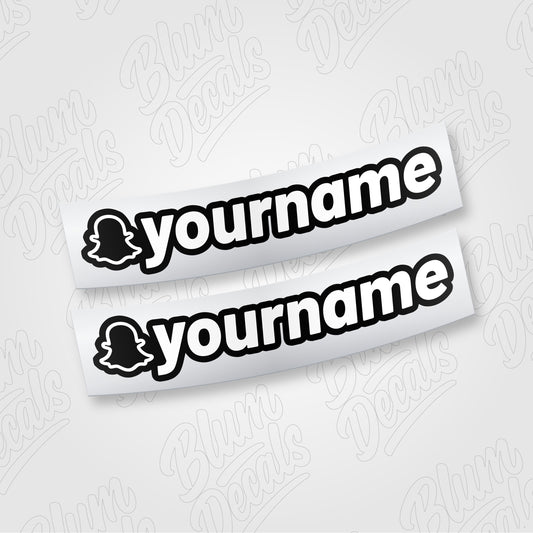 Custom Snapchat username vinyl decal in gloss white with a black outline, shown in font 19