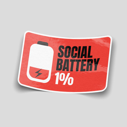 Red funny car sticker with a low‑battery icon and the text “Social Battery 1%”, UK introvert humour decal.