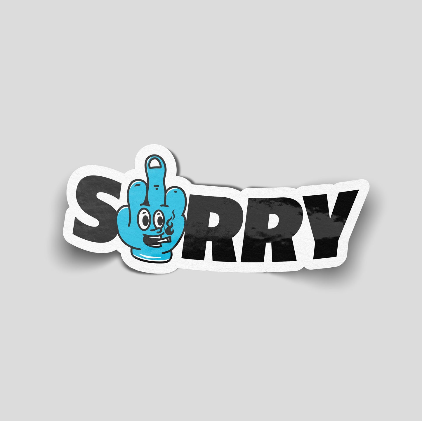 Funny car sticker reading “Sorry” with a blue cartoon hand gesture replacing the letter O, humorous UK decal.
