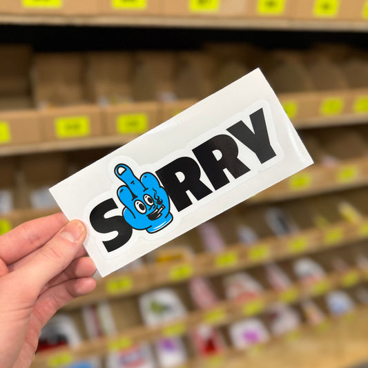 Sorry funny vinyl sticker with blue cartoon hand making rude gesture