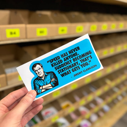 Speed has never killed anyone Jeremy Clarkson quote funny vinyl sticker in blue