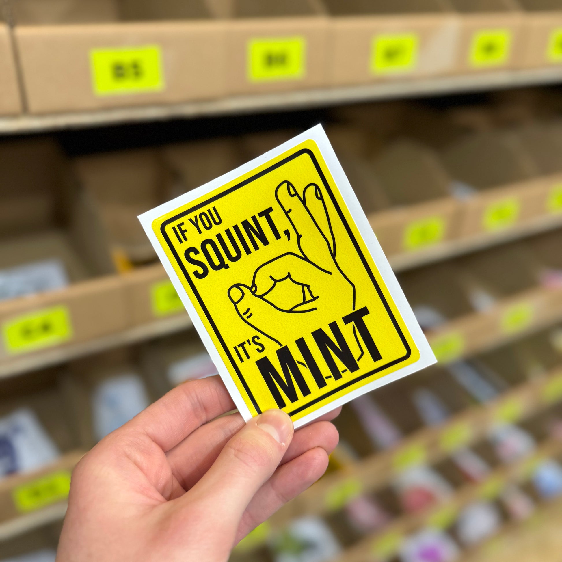If you squint it’s mint funny vinyl sticker with yellow warning sign style graphic