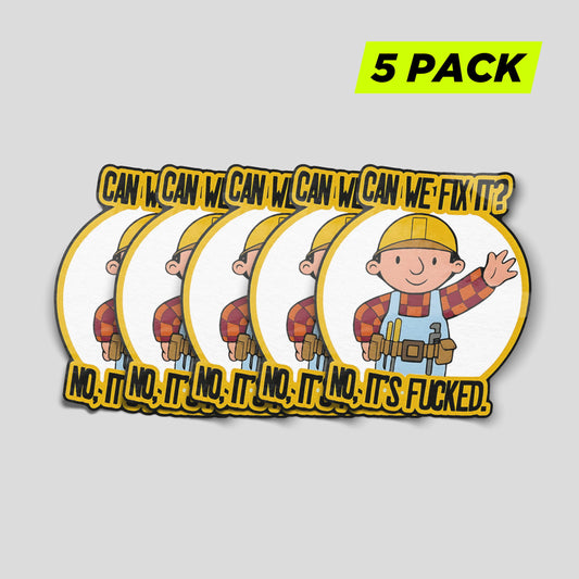 Funny builder themed sticker pack with tongue-in-cheek worksite humour, novelty vinyl decals for trades and vans.