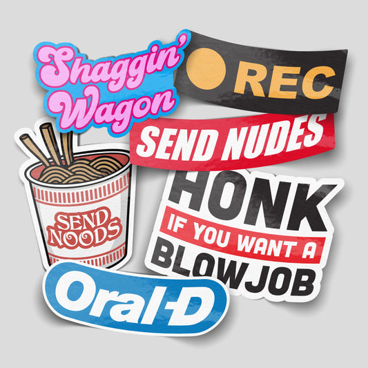 Funny text-based sticker pack featuring cheeky slogans and bold designs, novelty vinyl stickers perfect for cars, vans and first car humour.