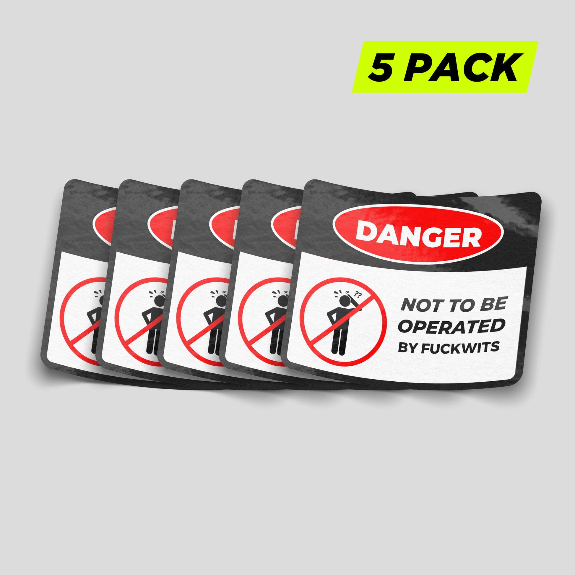 Warning style funny sticker pack with bold hazard designs, novelty vinyl decals for workshops, garages and toolboxes.