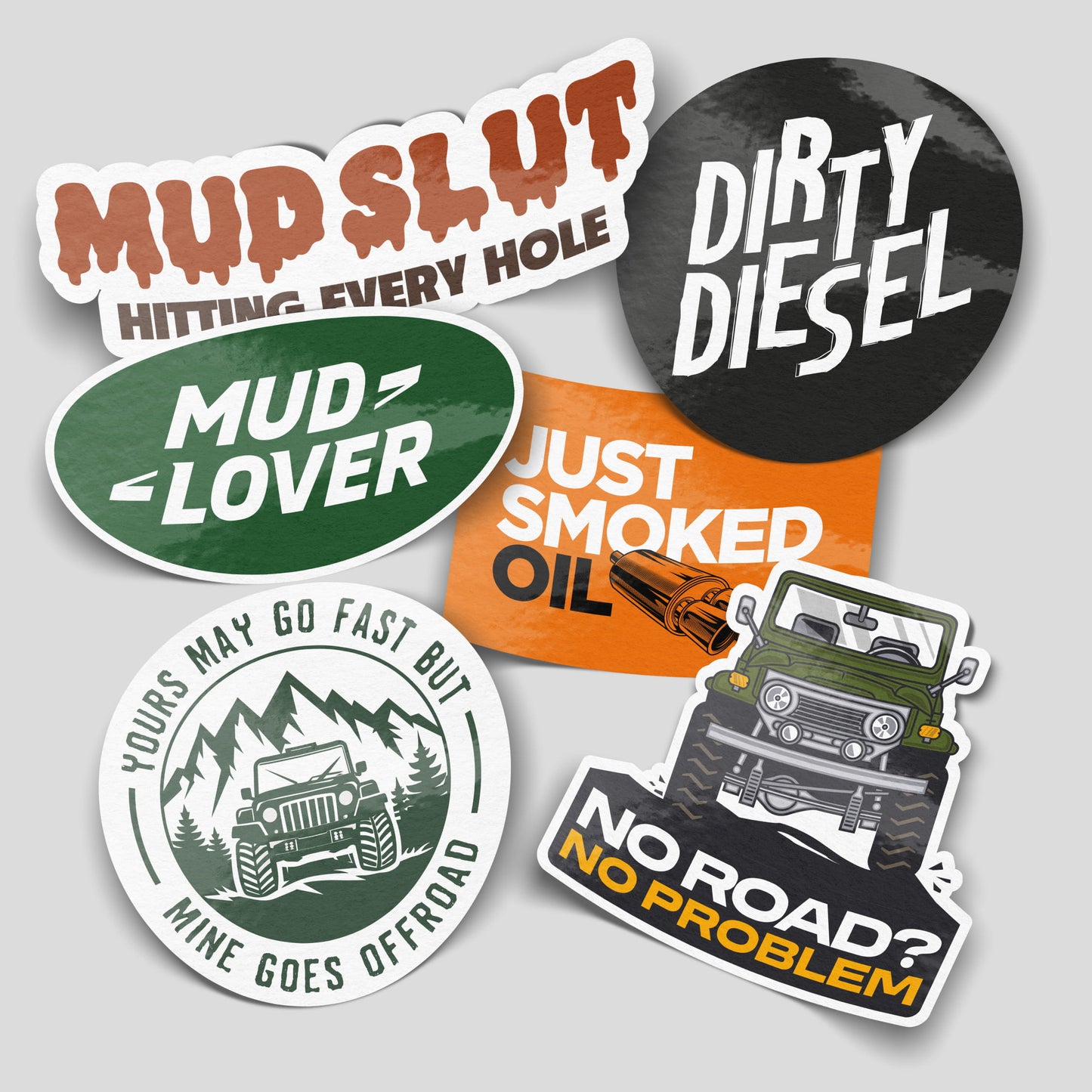 Off-road and 4x4 funny sticker pack with rugged vinyl decals for trucks, vans and adventure vehicles.