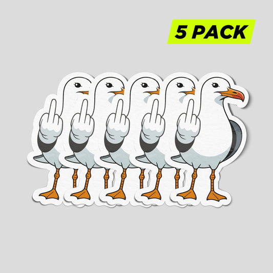 Funny seagull sticker pack featuring cheeky bird designs, novelty vinyl decals perfect for cars, vans and laptops.