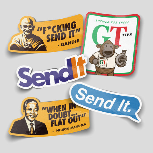 Send it themed funny sticker pack with bold motivational and driving humour, novelty vinyl stickers for cars and toolboxes.