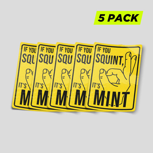 Funny squint mint sticker pack with visual joke designs, novelty vinyl decals ideal for cars, toolboxes and garages.