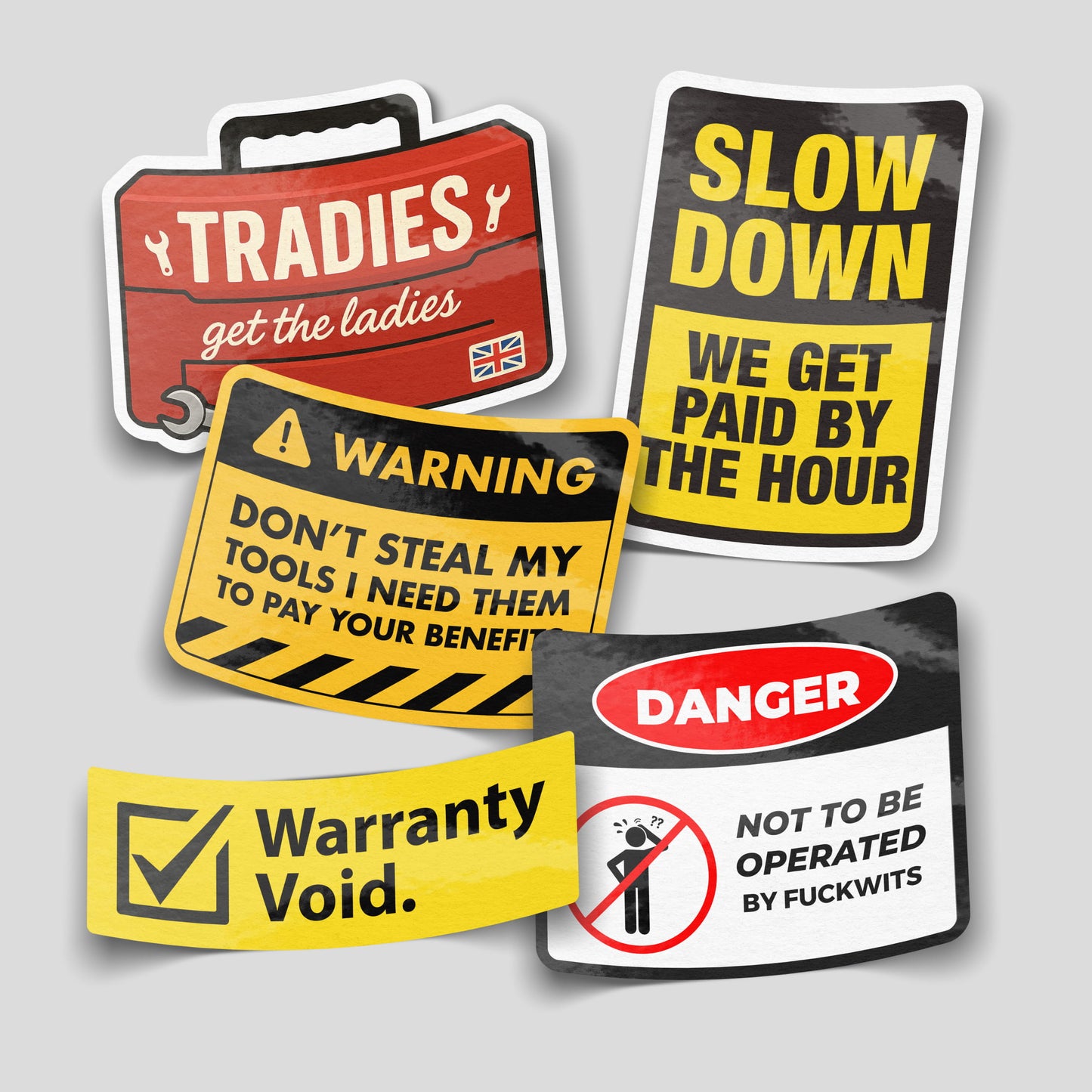 Funny tradie sticker pack with worksite humour, novelty vinyl decals ideal for vans, toolboxes and workshops.