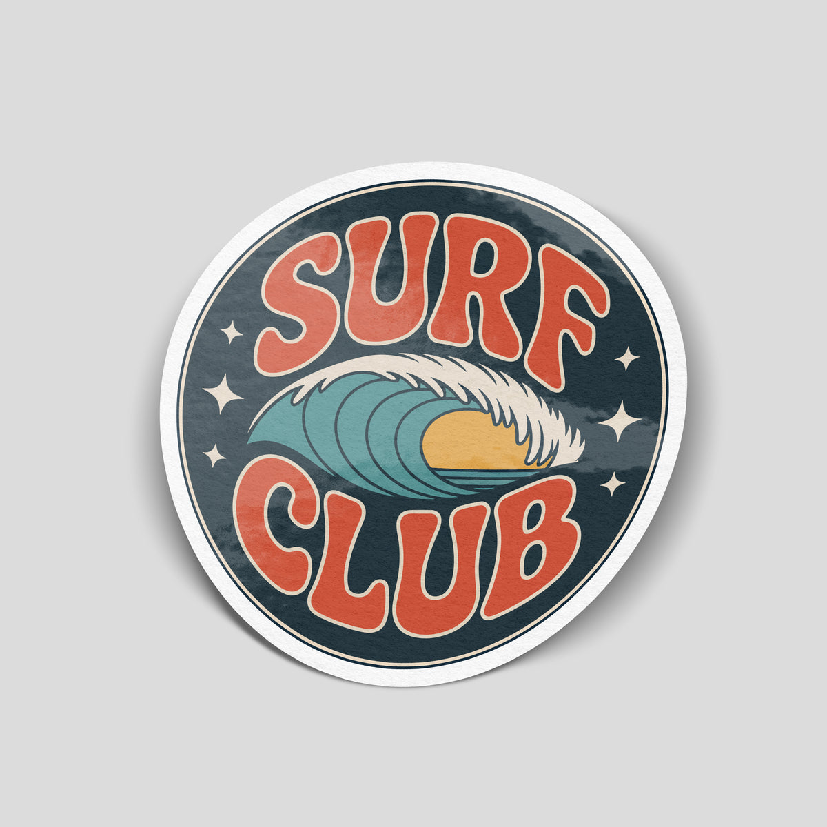 Retro oval Surf Club vinyl sticker with orange lettering, a turquoise breaking wave and a yellow sun on a dark background.