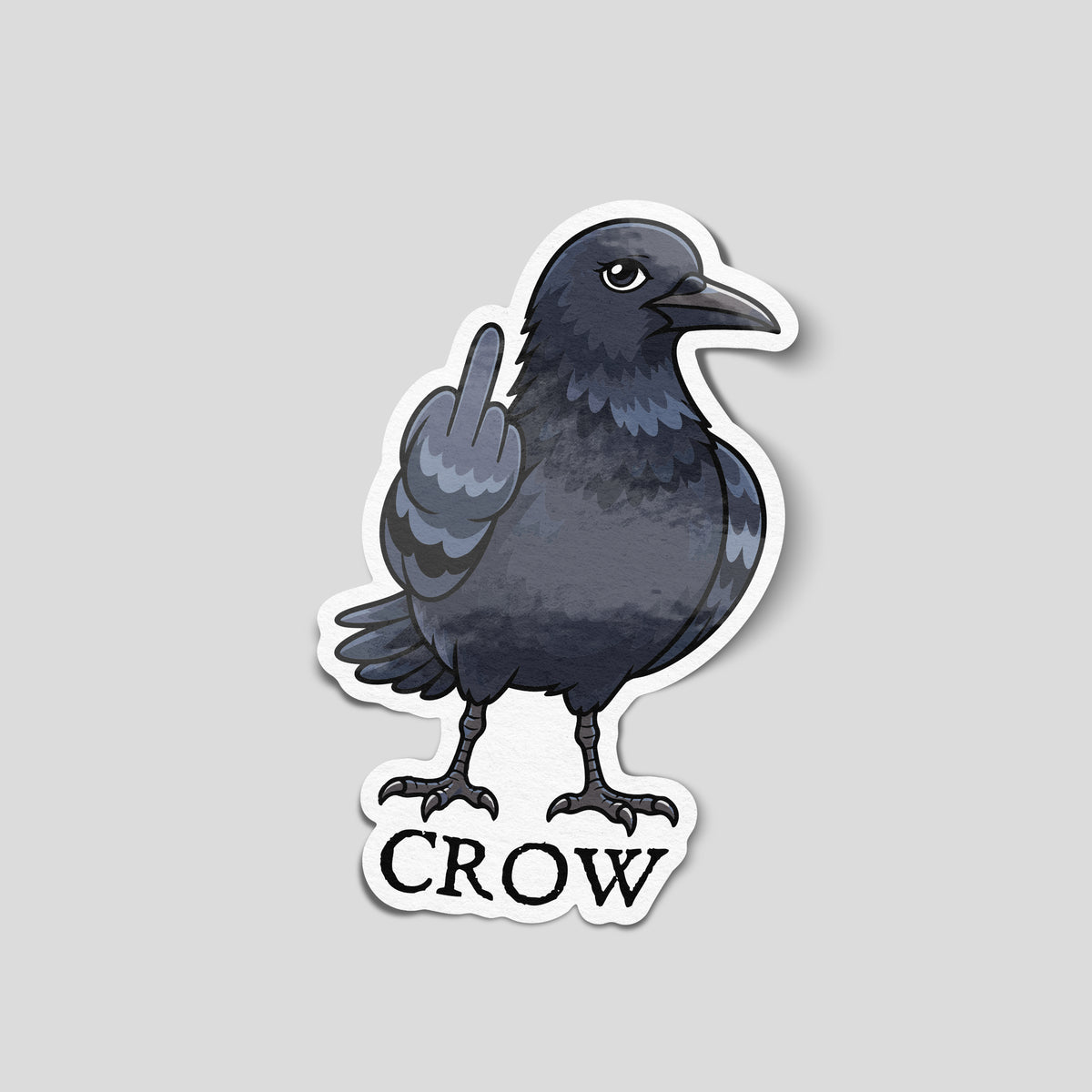 Dark grey cartoon crow raising a middle finger, with black “CROW” lettering underneath and a white die-cut border.