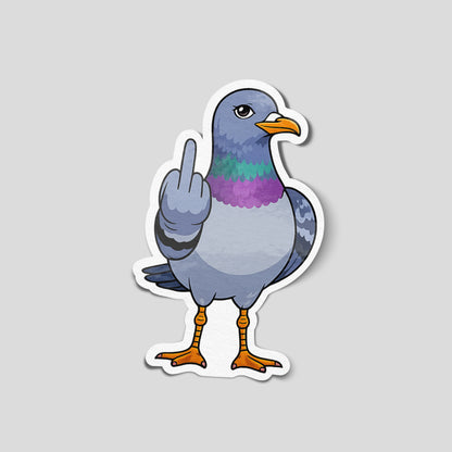 Funny swearing pigeon vinyl sticker showing cartoon bird flipping the middle finger, novelty decal for cars, vans, laptops and toolboxes.