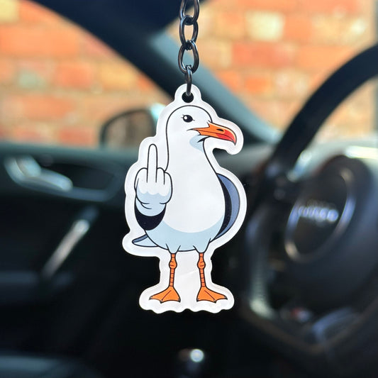 Funny seagull keychain flipping the middle finger, bold novelty humour design perfect for car keys and everyday use, durable acrylic UK