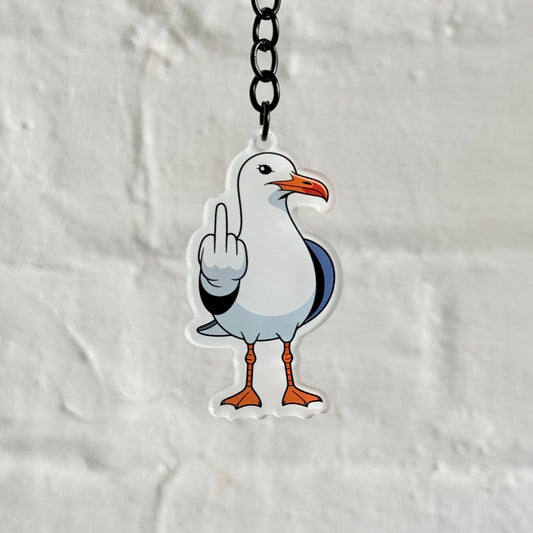 Funny seagull flipping the finger acrylic keychain, bold cartoon design with glossy finish and black chain, cheeky novelty car keyring gift.