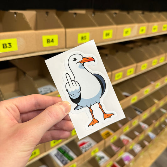 Swearing seagull funny vinyl sticker with cartoon bird showing rude gesture