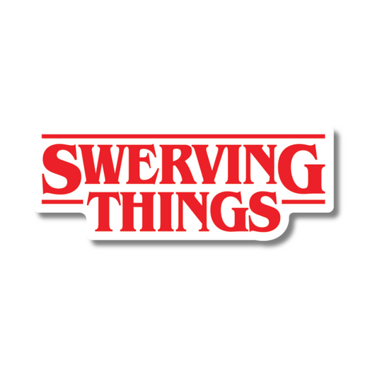 Funny red vinyl sticker reading “Swerving Things” in retro style – perfect for drift cars, car fans and pop culture petrolheads.