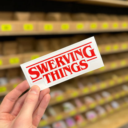 Swerving things funny vinyl sticker in red retro text design