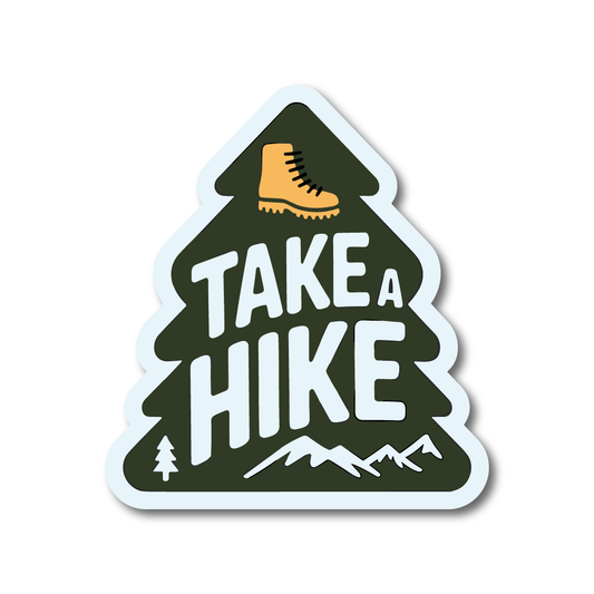 Tree-shaped vinyl sticker with hiking boot and the words “Take a Hike,” designed for outdoor lovers, hikers and adventure enthusiasts.