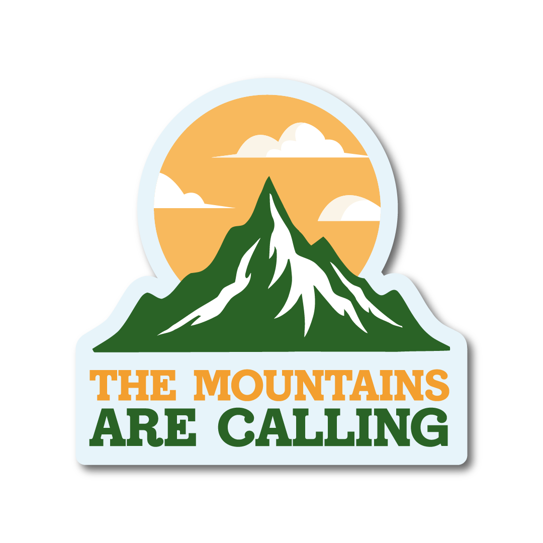 Vinyl sticker design with a snow-capped mountain and the words “The Mountains Are Calling” in bold adventure style lettering.