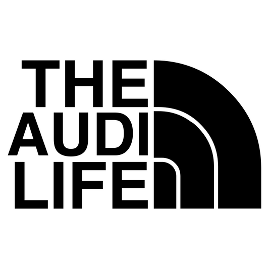 Vinyl decal sticker design featuring the phrase 'The Audi Life' in a style inspired by The North Face logo, with bold, modern font and dynamic lines. Perfect for car enthusiasts and Audi fans looking for a unique, stylish decal.