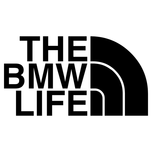 Vinyl decal sticker featuring 'The BMW Life' text in bold, outdoor-inspired font similar to the North Face logo style. Perfect for car enthusiasts and BMW lovers, this high-quality sticker adds a personalised touch to your vehicle or gear.