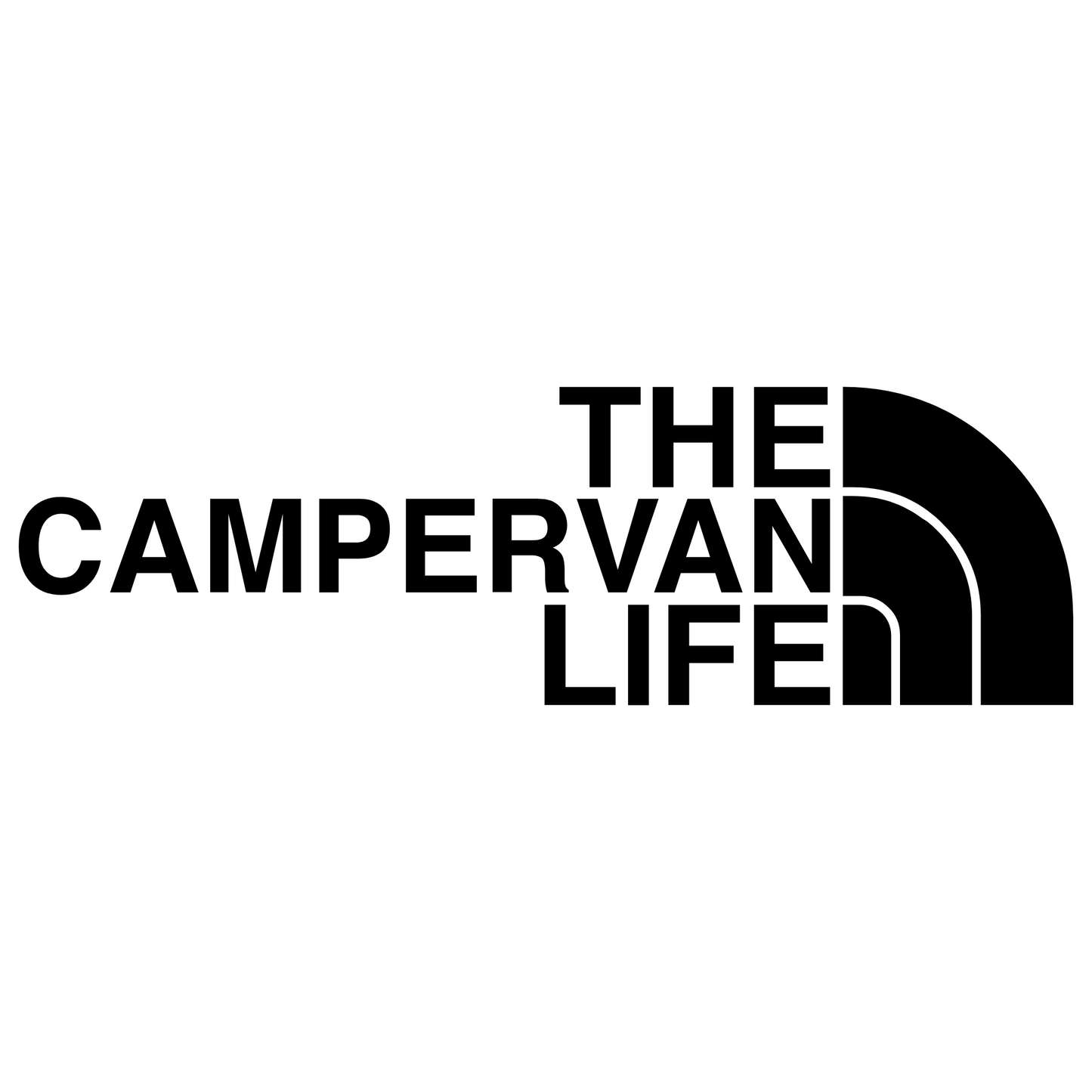 Vinyl decal sticker design featuring the phrase 'The Campervan Life' in a font and style inspired by the North Face logo, perfect for campervan enthusiasts and adventure lovers.