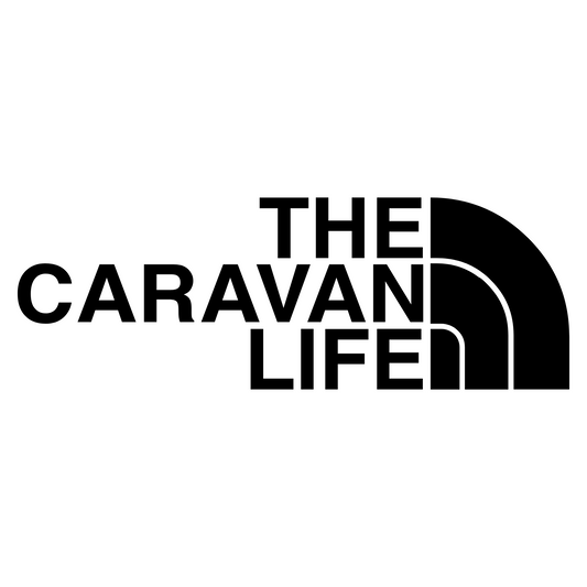 Vinyl decal sticker reading 'The Caravan Life' styled like The North Face logo, perfect for RV and adventure enthusiasts. White text set against a simple, clean design background