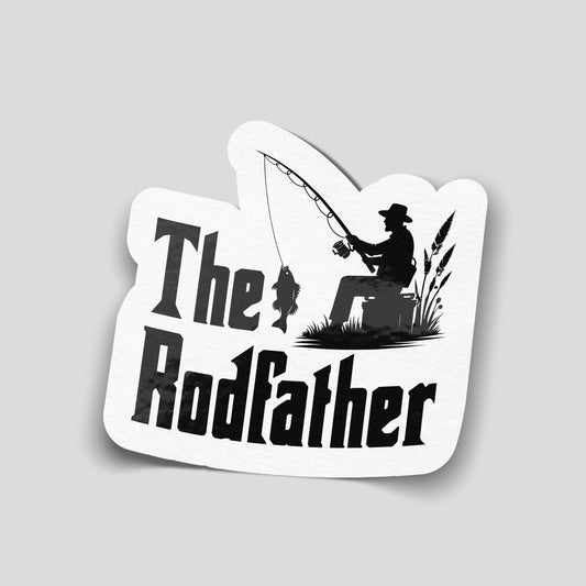 The Rodfather funny car sticker featuring fishing silhouette, UK angling humour car sticker by Blum Decals