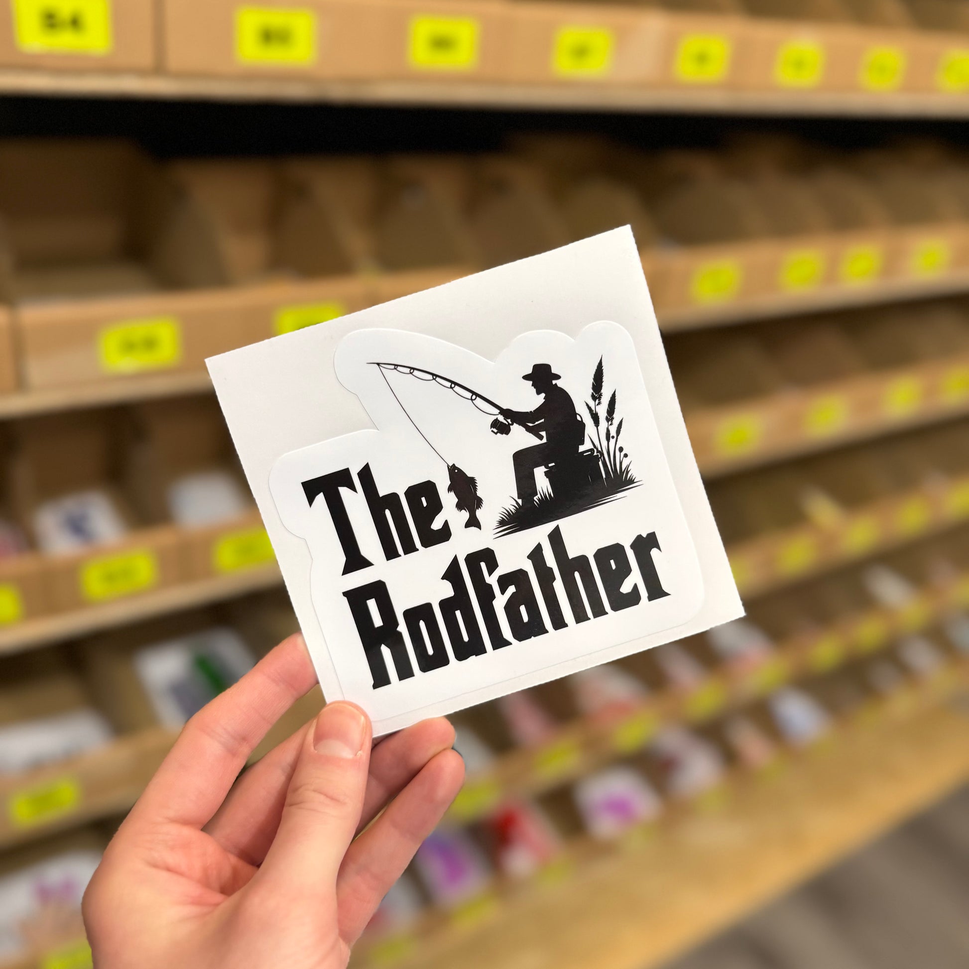 The Rodfather funny vinyl sticker with fisherman silhouette parody design