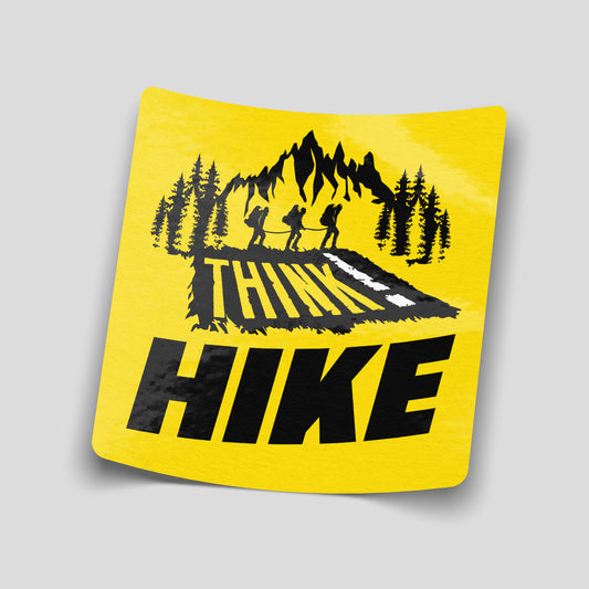 Think Hike funny vinyl sticker featuring mountain hiking artwork, waterproof outdoor adventure sticker for campervans, cars, water bottles and laptops.